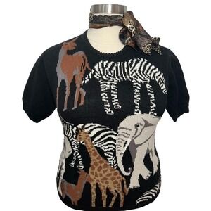 Vintage Terazzo Jungle Animal Print Crew Neck Short Sleeve Sweater - L‎
